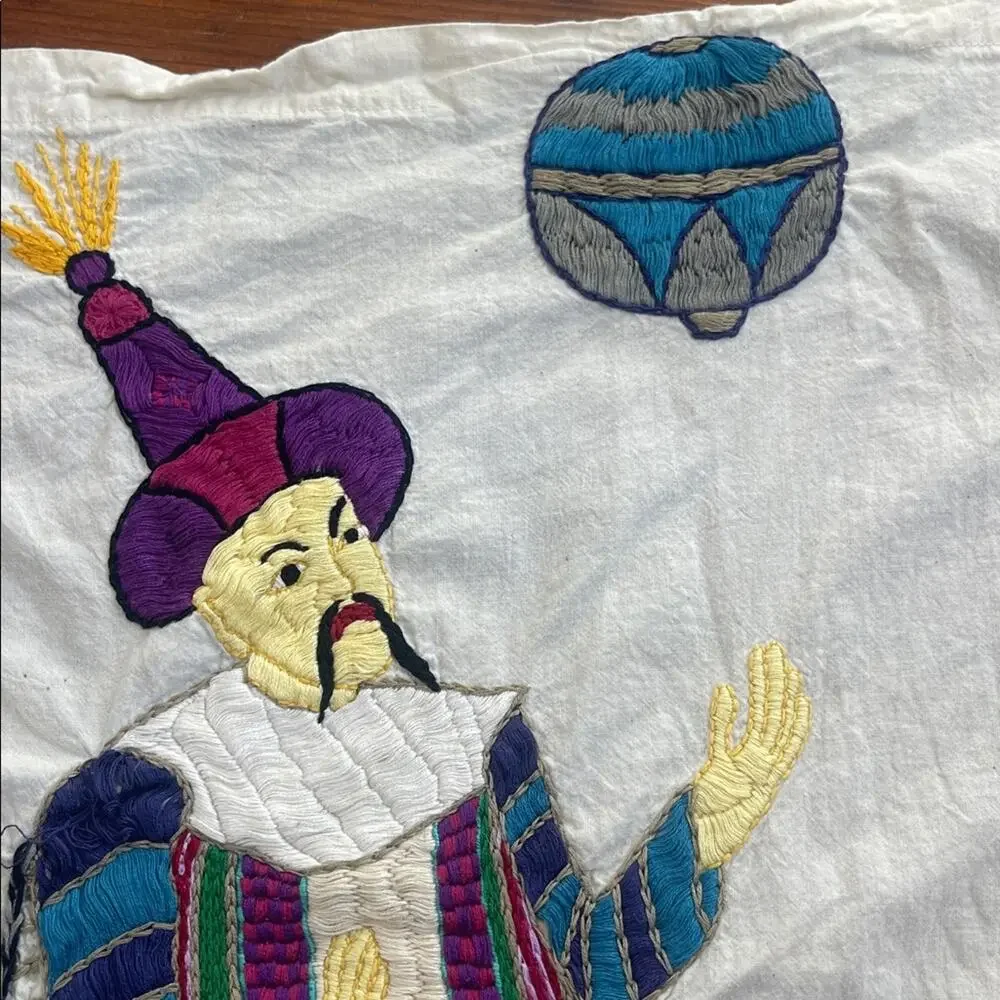 Vintage Handmade Embroidered Jester Textile Art Tapestry
